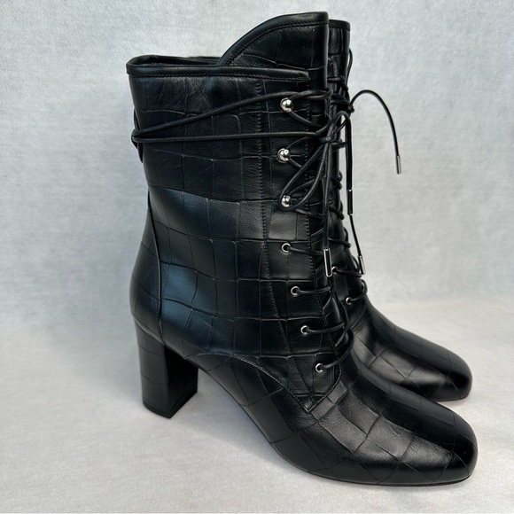 Longchamp Black Crocodile Leather Print Heeled Ankle Bootie. EU41/US10